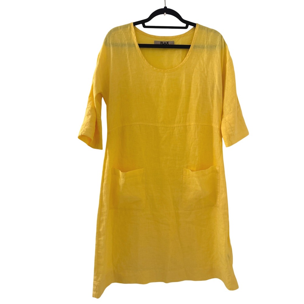 FLAX Women Petite Yellow 100% Linen Pocket Shift Tunic Dress Size P lagenlook